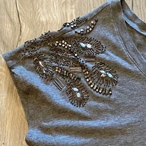 BEVERLY DRIVE Cotton/ Modal Blend Gray Jersey Knit Beaded Shoulder Tee Top 1X
